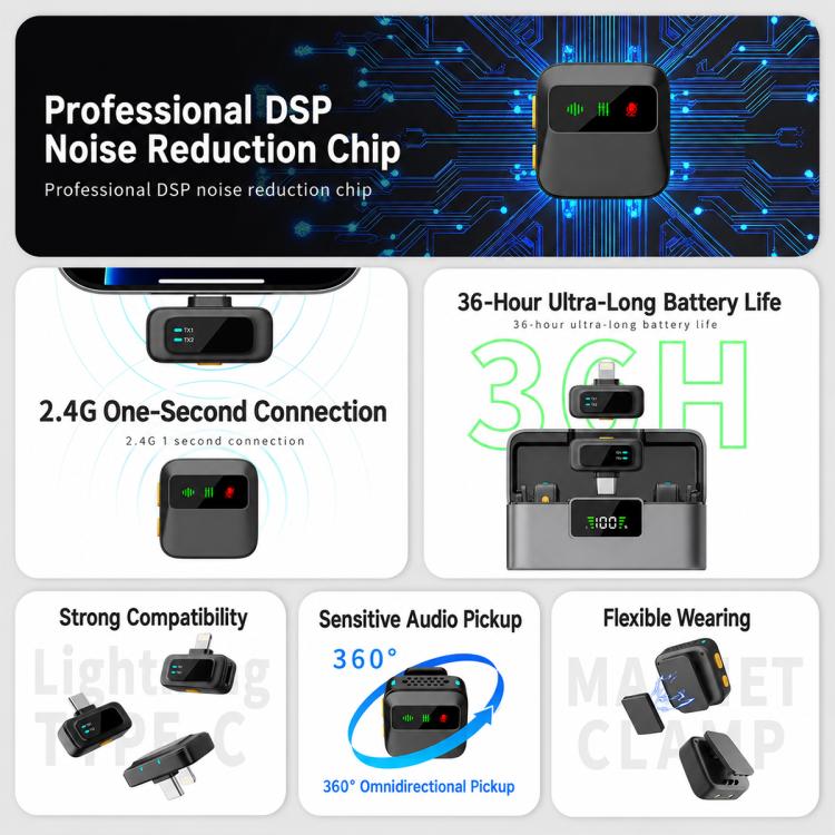 Q19 Wireless Lavalier Noise Reduction Microphone with Monitoring Function, Type-C, 8 Pin, U-shaped Interface, Dual Interface