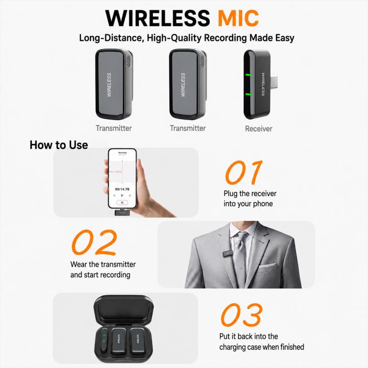 K16 2 in 1 Wireless Lavalier Noise Reduction Microphone with Monitoring Function, Type-C, 8 Pin