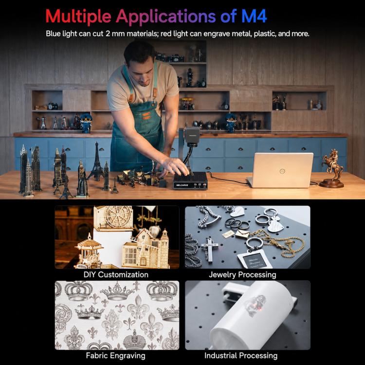 DAJA M4 Dual-Laser Small Fiber Marking Machine for Metal and Wood, M4, M4+Rotary Axis, M4+Rotary Clamp, M4+Rotary Axis+Clamp