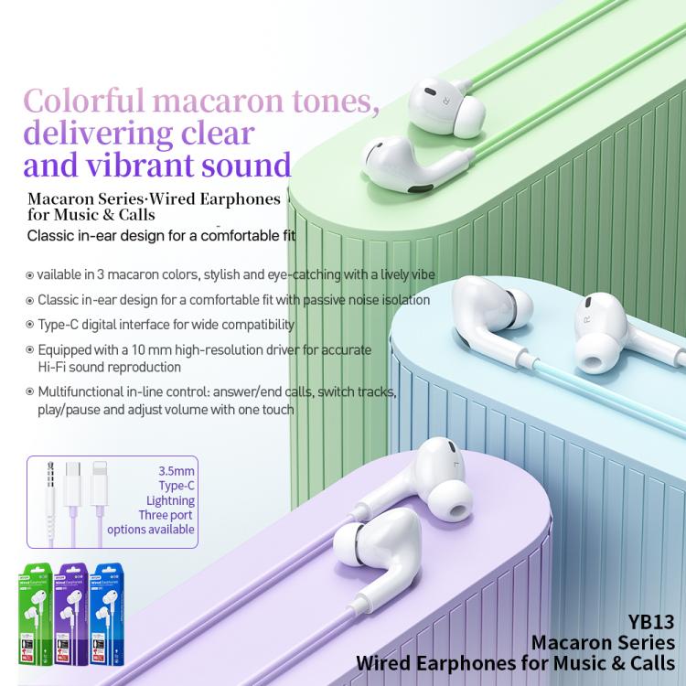 WK YB13 Macaron Series 1.2m Wired Earphones for Music & Calls, 3.5mm, Type-C Digital, 8 Pin