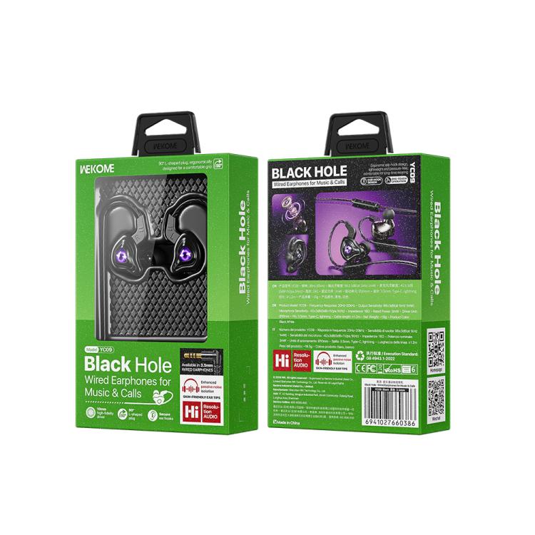 WK YC09 Black Hole 1.2m Wired Earphones for Music & Calls, 3.5mm, Type-C Digital Signal, 8 Pin BLE