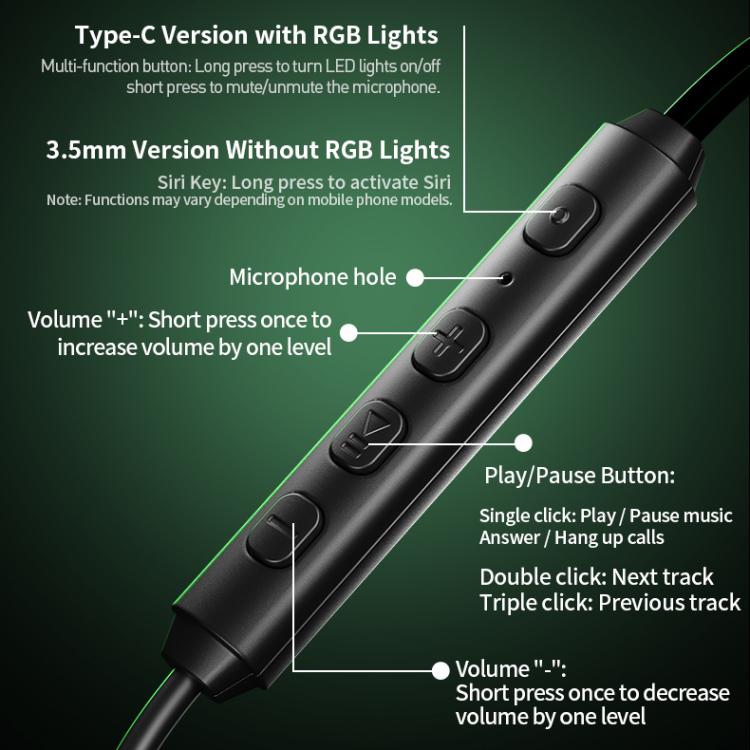 WK YC10 Gudlike Series 1.2m Wired Gaming Earphones, 3.5mm No RGB, Type-C with  RGB