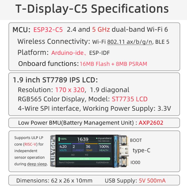 LILYGO T-Display-C5 Module ESP32-C5 MCU Supports Wi-Fi6 BLE5 LCD BMU, T-Display-C5