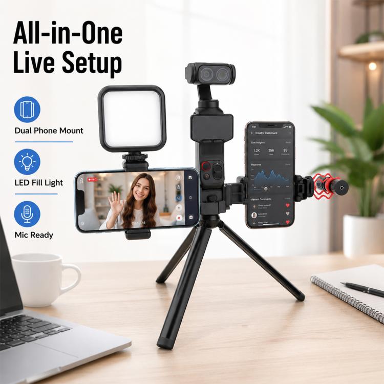 Live Broadcast Dual Phone Bracket Rotatable Phone Clamp Extension Mount, For Insta360 Luna Ultra