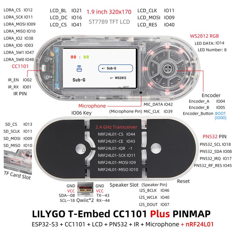 LILYGO T-Embed CC1101 Plus ESP32-S3 1.9 inch LCD PN532 Module, External Antenna