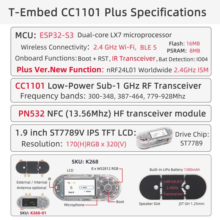 LILYGO T-Embed CC1101 Plus ESP32-S3 1.9 inch LCD PN532 Module, External Antenna