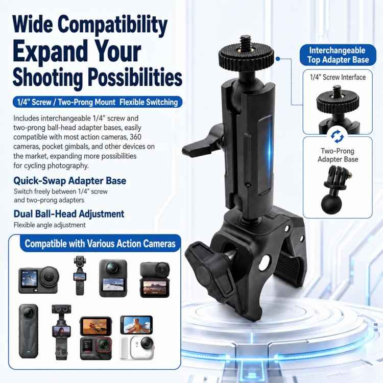 Aluminum Alloy Heavy-Duty Crab-Claw Clamp Motorcycle Handlebar Mount for DJI, Insta360, GoPro And Other Action Cameras
