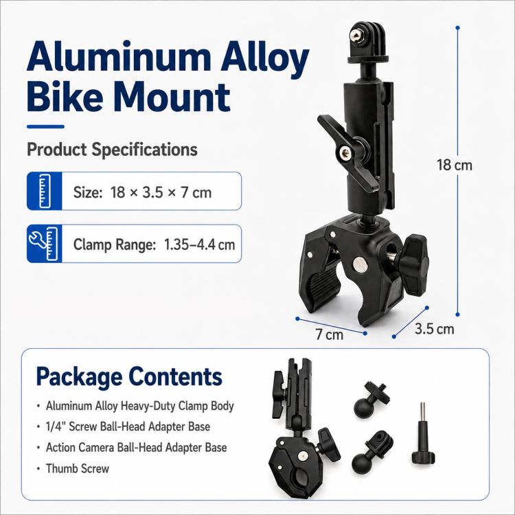 Aluminum Alloy Heavy-Duty Crab-Claw Clamp Motorcycle Handlebar Mount for DJI, Insta360, GoPro And Other Action Cameras