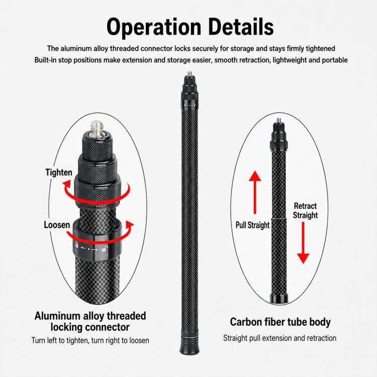 1.5m Invisible 7-section Carbon Fiber Selfie Stick Bullet Time Extension Monopod for Insta360 X6 / X5 / X4 / X3, DJI Osmo 360 / 360 II