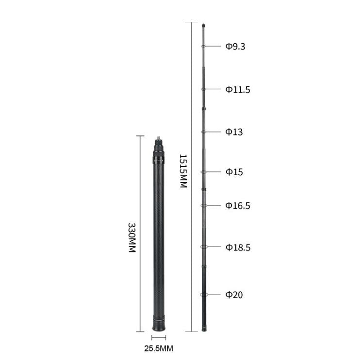 1.5m Invisible 7-section Carbon Fiber Selfie Stick Bullet Time Extension Monopod for Insta360 X6 / X5 / X4 / X3, DJI Osmo 360 / 360 II