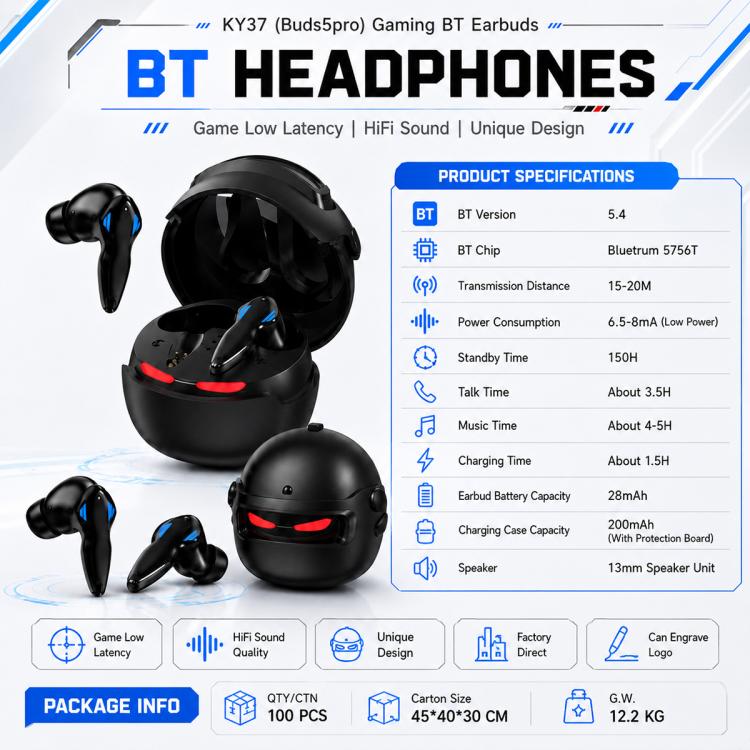 KY37 Buds 5Pro Bluetooth 5.4 Wireless Gaming Earbuds