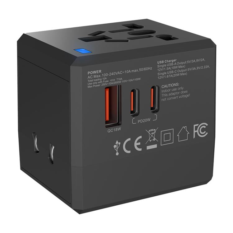 2-Port Type-C + USB-A Universal Travel Adapter Socket Worldwide Charger, 3.4A, PD20W, PD35W