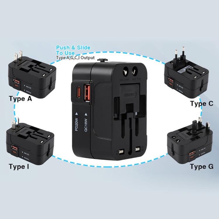 PD20W QC18W Universal Travel Adapter Multifunctional Power Socket Charger, PD20W+QC18W