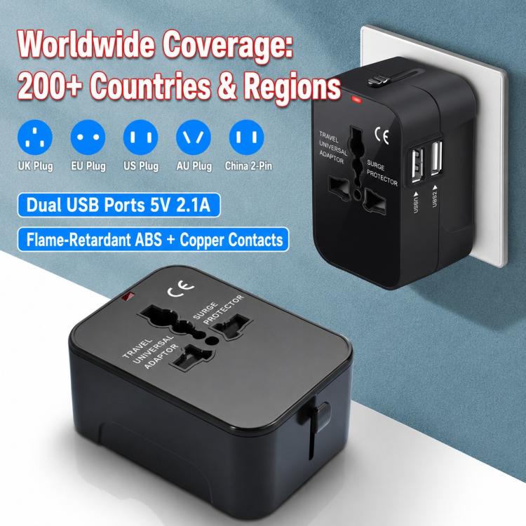 Universal Travel Adapter Multifunctional Power Socket Charger, 2.1A Dual-Port USB, 2.4A USB+Type-C
