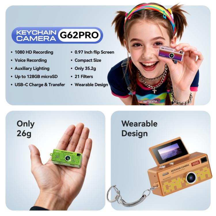 G62 Pro 0.97 inch Flip Screen 1080P HD Pixel Keychain Retro Mini Thumb Camera