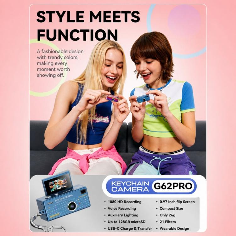G62 Pro 0.97 inch Flip Screen 1080P HD Pixel Keychain Retro Mini Thumb Camera