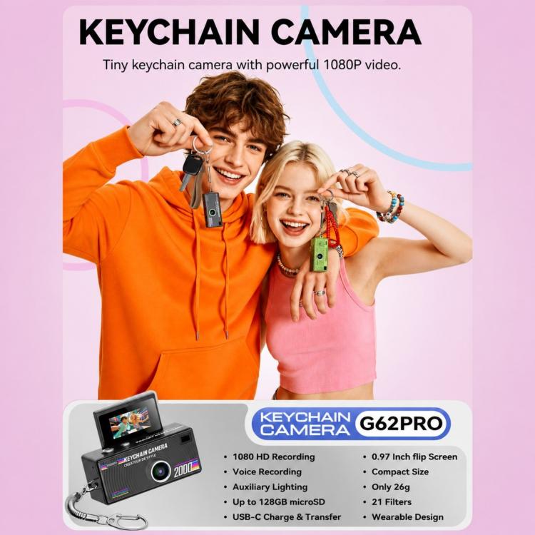 G62 Pro 0.97 inch Flip Screen 1080P HD Pixel Keychain Retro Mini Thumb Camera