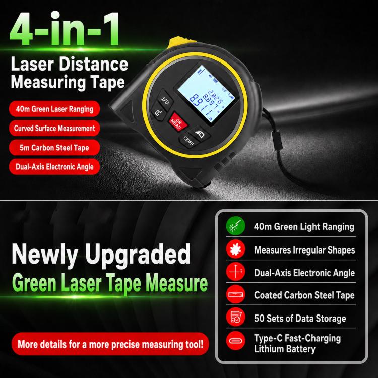 ZHENBING 4-in-1 Laser Measuring Tool 40m Laser Distance Meter & 5m Tape Measure