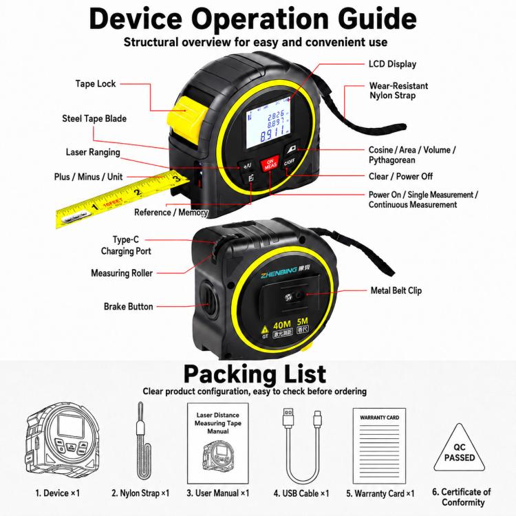 ZHENBING 4-in-1 Laser Measuring Tool 40m Laser Distance Meter & 5m Tape Measure