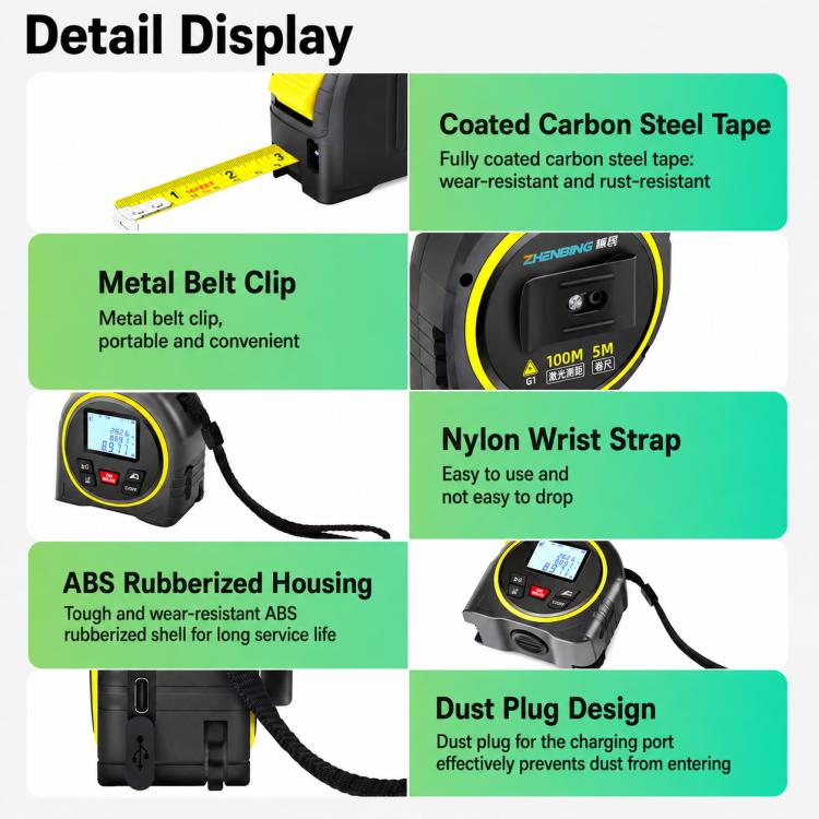ZHENBING 4-in-1 Laser Measuring Tool 40m Laser Distance Meter & 5m Tape Measure