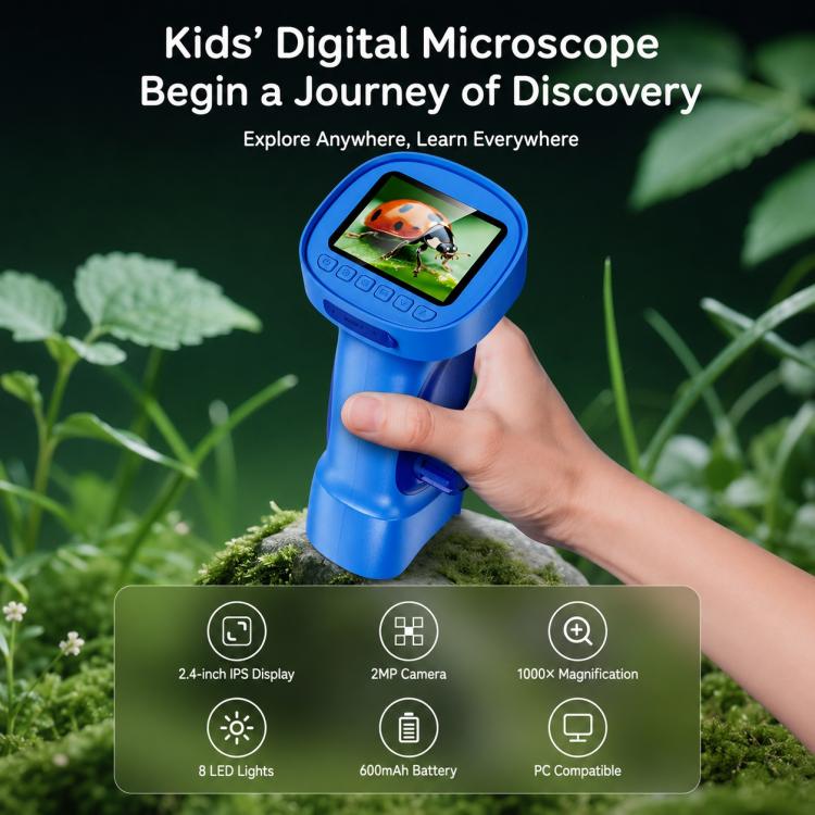 Portable 1000X Kids Digital Microscope with 2.4-Inch IPS Display