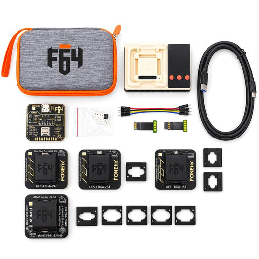 UFS/eMMC Programmer, Flash 64 Ultra Full Kit, F64 UFS-FBGA-297 Socket Adapter, F64 UFS-FBGA-254 Socket Adapter, F64 UFS-FBGA-153 Socket Adapter, F64 EMMC 4 in 1 Set