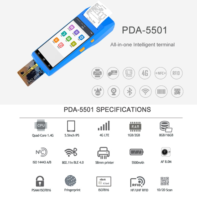 PDA-5501 Multi-function 5.5 inch IPS Screen IP65 Protection All-in-one Intelligent Terminal, Built-in Thermal Line Printer & MIC & Speaker, Support WiFi & Bluetooth & GPS