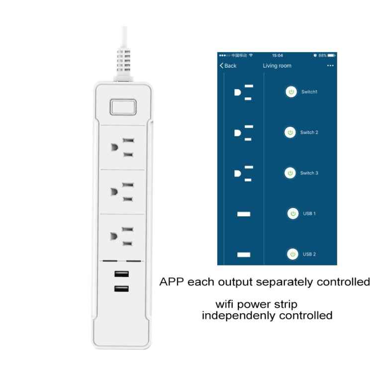 C198B 2 USB Ports + 3 US Sockets WiFi Smart Power Plug Socket, Compatible with Alexa and Google Home, AC 110V-240V, US Plug