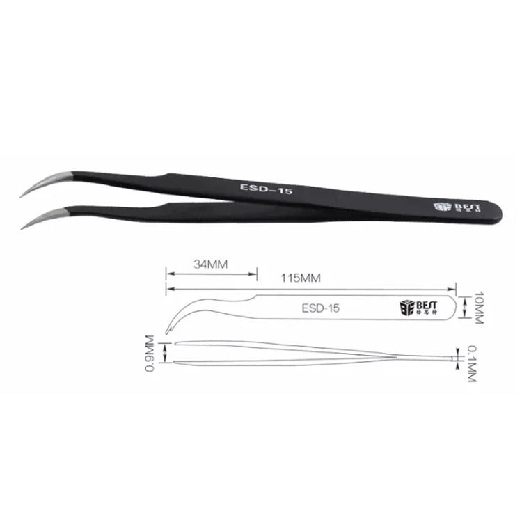 BEST BST-15 Precision Anti-static ESD Stainless Steel Tweezers, BST-15