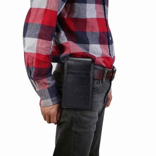 Men Lambskin Texture Multi-functional Universal Mobile Phone Waist Pack Leather Case for 7.2 Inch or Below Smartphones