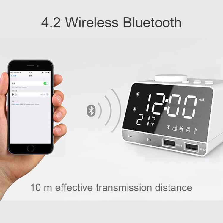 K11 Bluetooth Alarm Clock Speaker Creative Digital Music Clock Display Radio with Dual USB Interface, Support U Disk / TF Card / FM / AUX, UK Plug