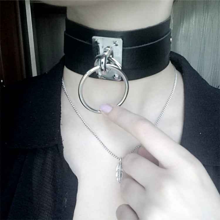 European and American Harajuku PU Leather Silver Single Ring Collar Wide Street-Snap Nightclub O-shaped Choker Necklace