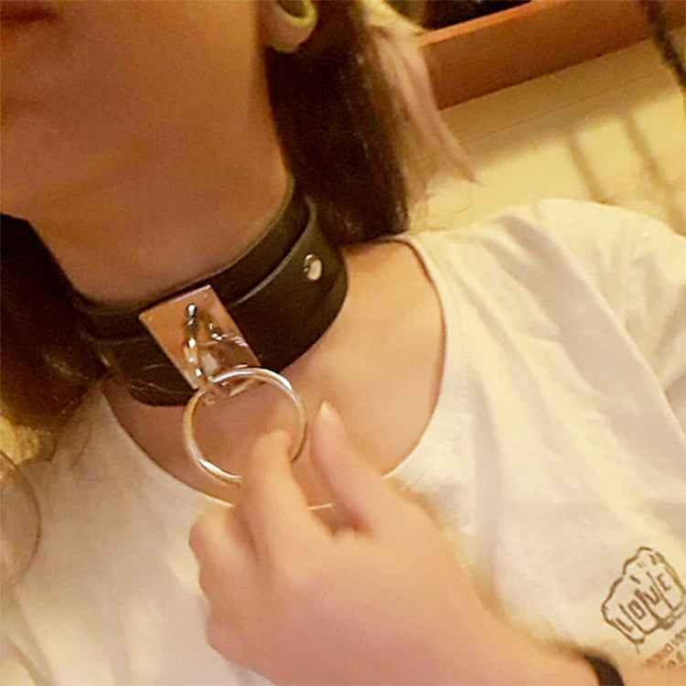 European and American Harajuku PU Leather Silver Single Ring Collar Wide Street-Snap Nightclub O-shaped Choker Necklace