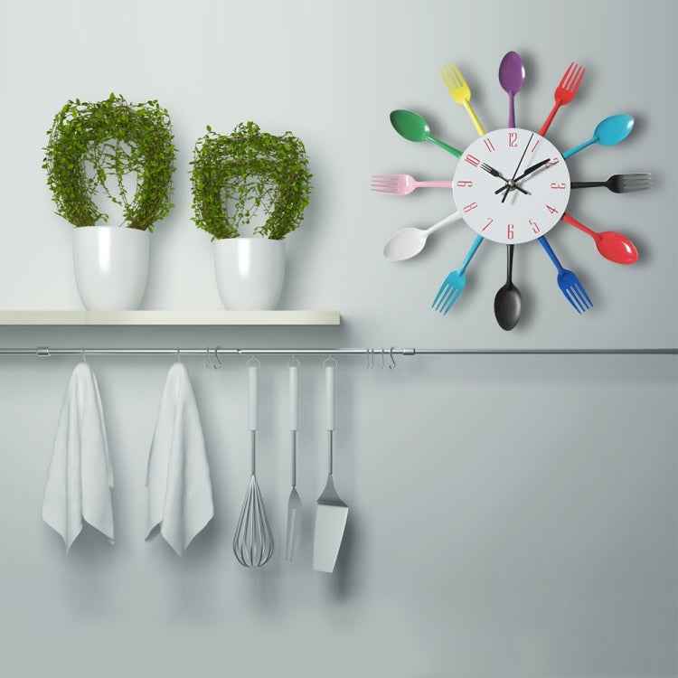 Cutlery Metal Kitchen Wall Clock Spoon Fork Creative Quartz Wall Mounted Clocks Modern Design Decorative Horloge, Silver