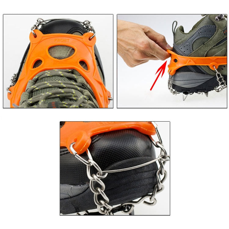 One Pair 8 Teeth Anti-Slip Ice Gripper Hiking Climbing Chain Shoes Covers, 8 Teeth Black, 8 Teeth Orange