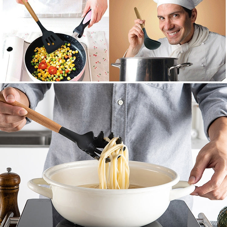 kn020 9 in 1 A Version Wooden Handle Silicone Non-stick Spatula Spoon Kitchen Tool Set, A Version