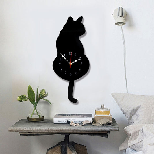 42x18cm Home Office Bedroom Decoration Battery Operated Cat Shaped Wall Clock with Swinging Tails