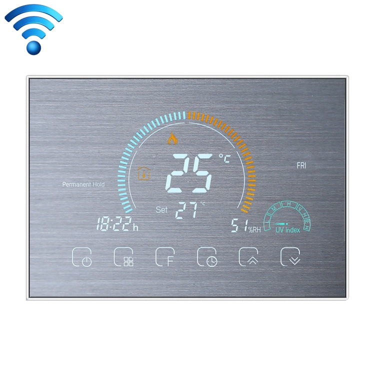 BHT-8000-GCLW-SS Brushed Stainless Steel Mirror Controlling Water/Gas Boiler Heating Energy-saving and Environmentally-friendly Smart Home Negative Display LCD Screen Round Room Thermostat with WiFi, with WiFi