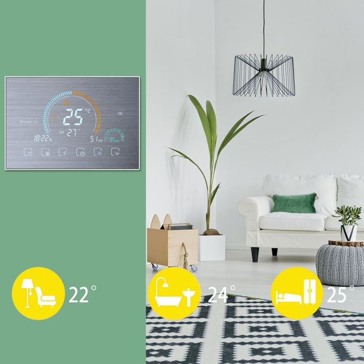 BHT-8000-GCLW-SS Brushed Stainless Steel Mirror Controlling Water/Gas Boiler Heating Energy-saving and Environmentally-friendly Smart Home Negative Display LCD Screen Round Room Thermostat with WiFi, with WiFi