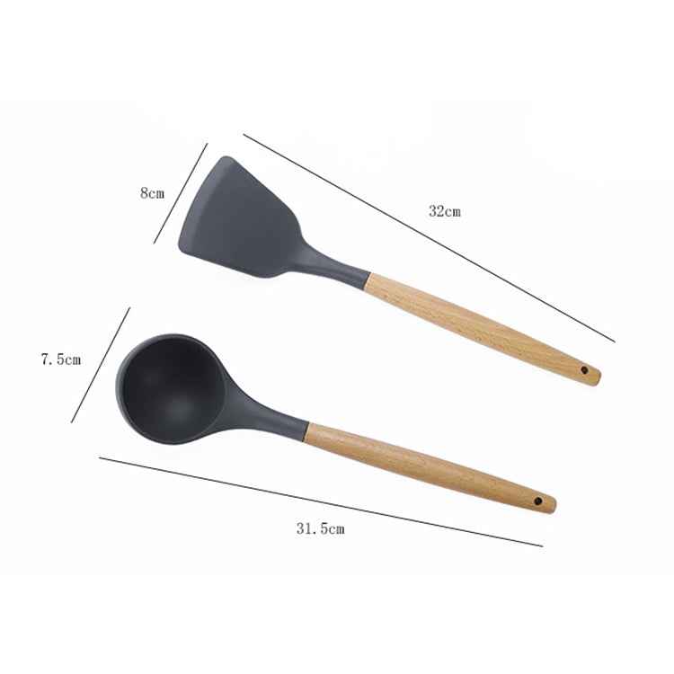 kn082 9 in 1 Wooden Handle Silicone Kitchen Tool Set with Storage Bucket