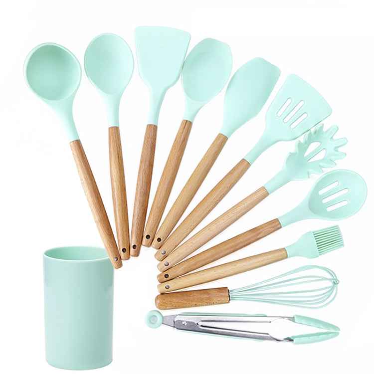 kn082 11 in 1 Wooden Handle Silicone Kitchen Tool Set with Storage Bucket