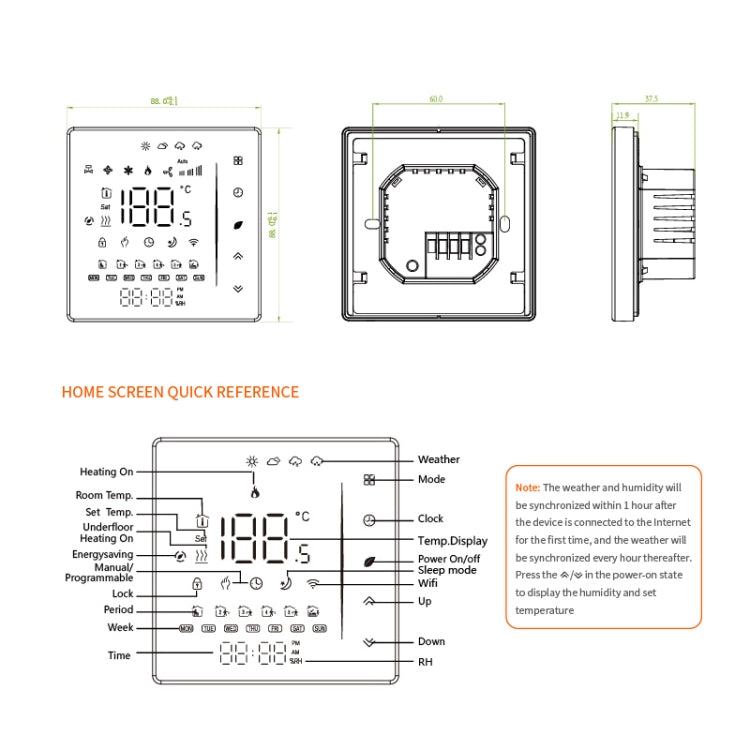 BHT-006GBLW 95-240V AC 16A Smart Home Heating Thermostat for EU Box, Control Electric Heating with Only Internal Sensor & External Sensor & WiFi Connection