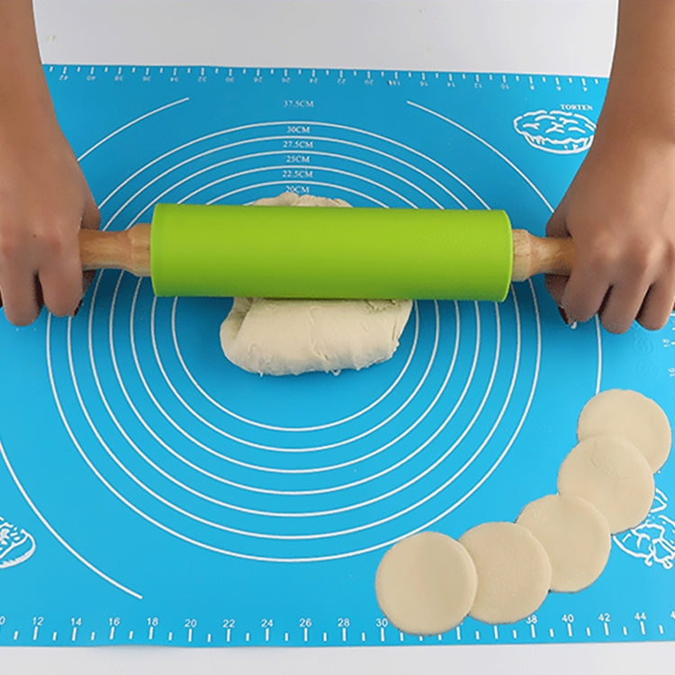 kn055 Solid Wooden Handle Silicone Rolling Pin Non-stick Food Dumpling Stick, Length: 38cm, Random Color Delivery