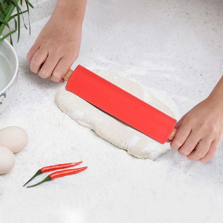 kn055 Solid Wooden Handle Silicone Rolling Pin Non-stick Food Dumpling Stick, Length: 38cm, Random Color Delivery
