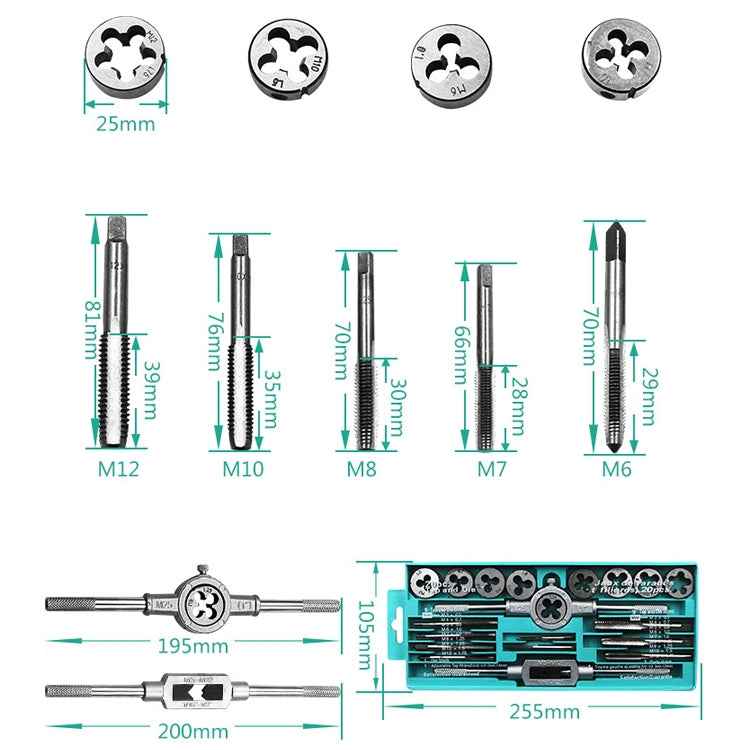 12 PCS Multi-specification Tap and Die Combination Set Hand Metric Wire Tapping Wrench Winch