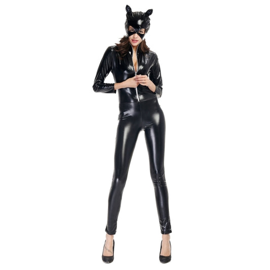 Halloween Costume Patent Leather Cat Girl Neutral Sexy Motorcycle Clothing  Stage Performance Cosplay Clothing, Size:M, Bust: 80-85cm, Waistline:66-72cm, Clothes Long:138cm, Size: M Adult