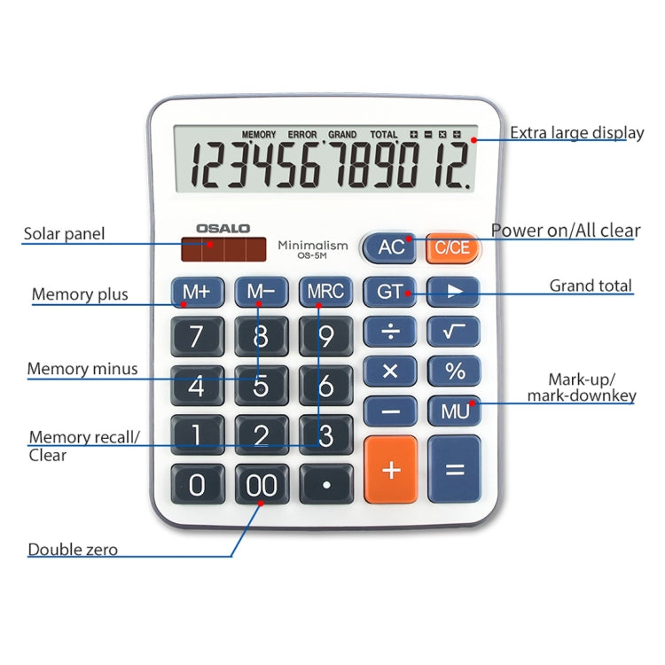 OSALO OS-5M 12 Digits Desktop Calculator Solar Energy Dual Power Calculator, OS-5M
