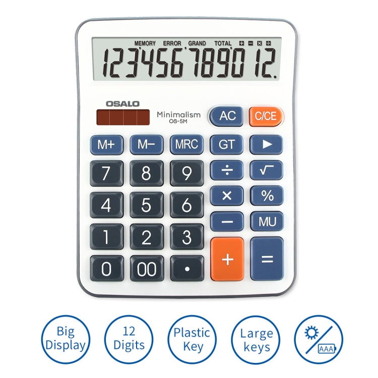 OSALO OS-5M 12 Digits Desktop Calculator Solar Energy Dual Power Calculator, OS-5M
