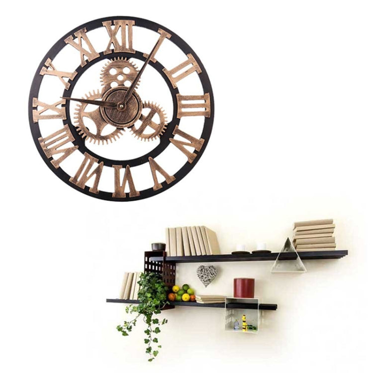 Retro Wooden Round Single-sided Gear Clock Rome Number Wall Clock, Diameter: 58cm