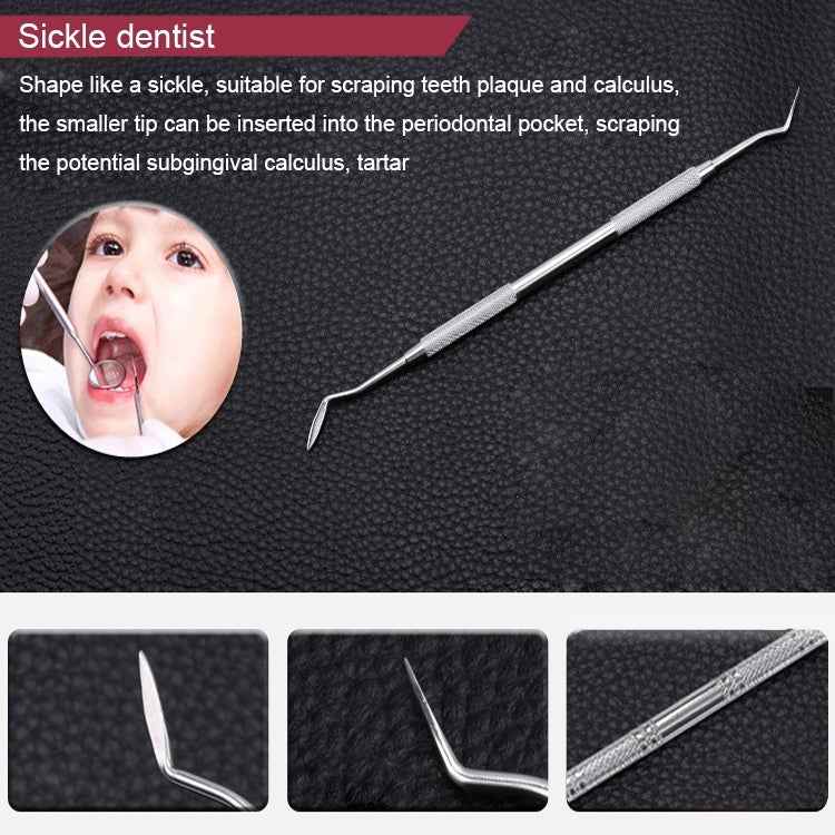 6 in 1 Dental Tool Set (Stainless Steel Probe + Hoe-shaped Dentist + Sickle Dentist + Tooth Stain Rejection Device + Dental Tweezers + Mouth Mirror)